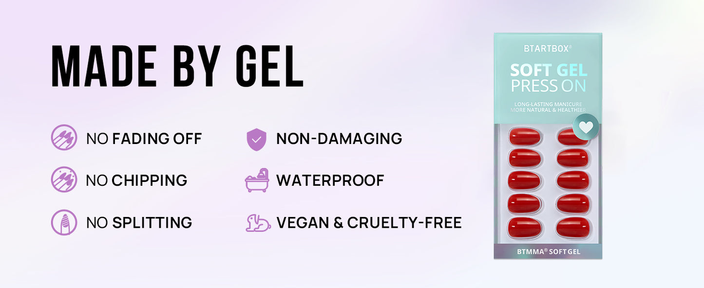 Promotional graphic for 'Made by Gel' with product packaging and feature list on a light purple background.