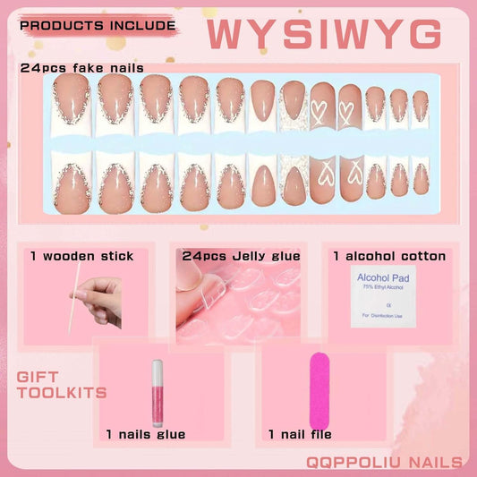 Nude Square Press on Nails Short Length,White French Tips Fake Nails with Rhinestones Design for Birthday/Bride/Holiday/Christmas/Valentine'S Day/Women/Young Various colors 1 Fl Oz (Pack of 1) VXN Beauty