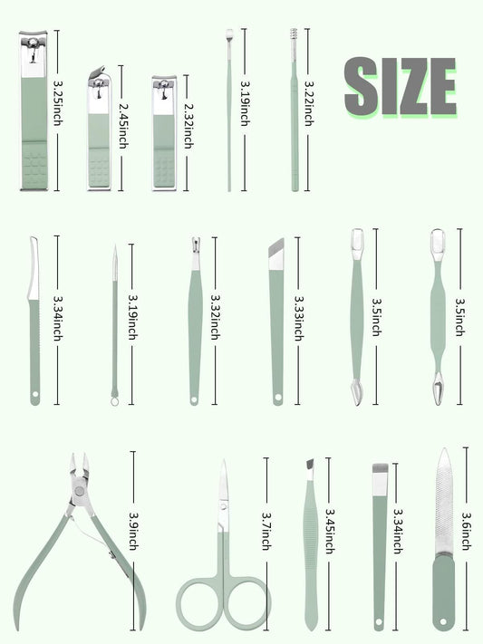 Manicure Set, 16PCS Professional Grooming Care Tools Men Women Nail Clipper Set Stainless Steel Toe Finger Nail Clippers (Green) VXN Beauty