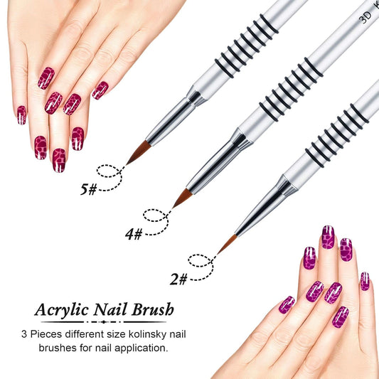 3 Pcs Kolinsky 3D Nail Art Brush Set Size 2/4/5 Acrylic Nail Art Brush with Silver Metal Nonslip Grip Handle Polish Cleaning Manicure Tools for Women Acrylic Sculpture Application VXN Beauty