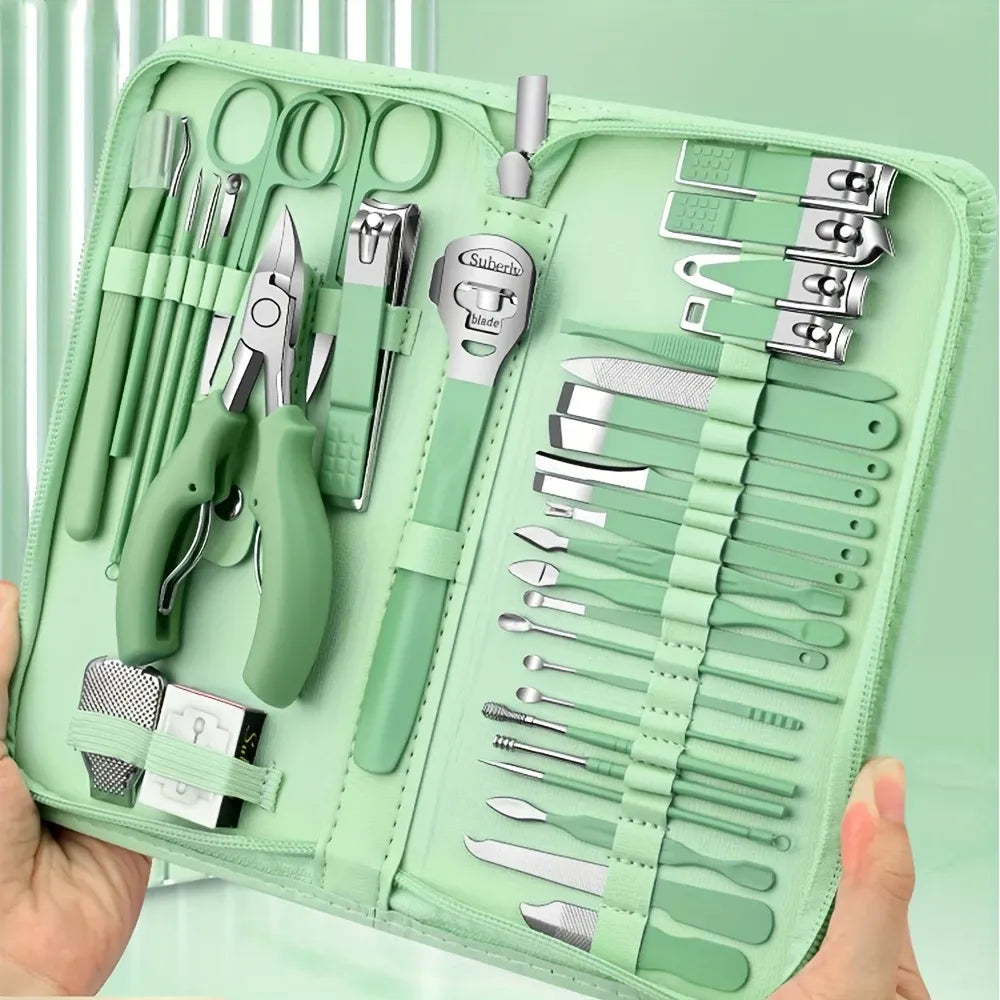 35-in-1 Mint Green Grooming Kit, Stainless Steel Nail Clippers & Foot Care Set with Travel Case, Pedicure Tools for Ingrown Toenails, Perfect Gift VXN Beauty