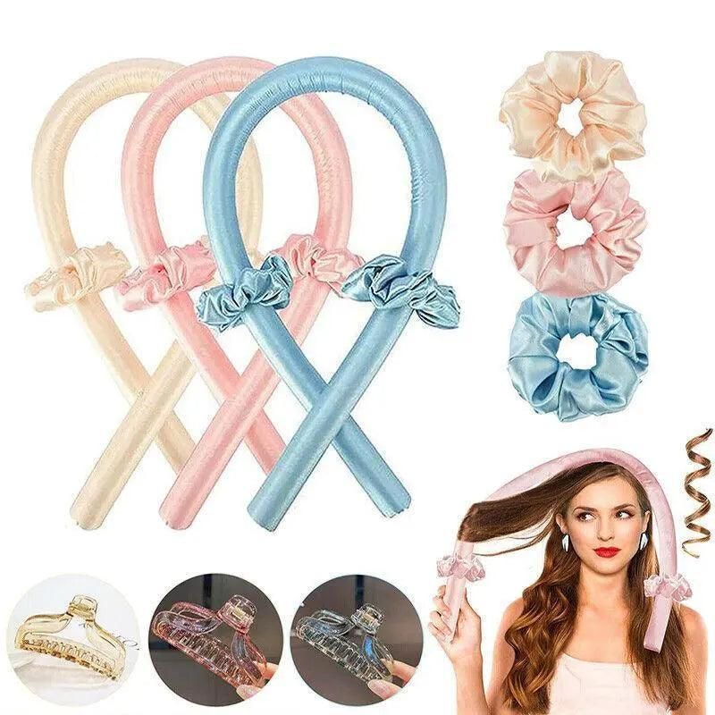 Heatless Curling Rod Headband Silk Curling Ribbon Hair Roller Lazy Curler Sets - 4Pcs/Set B (Pink,With Clip) VXN Beauty