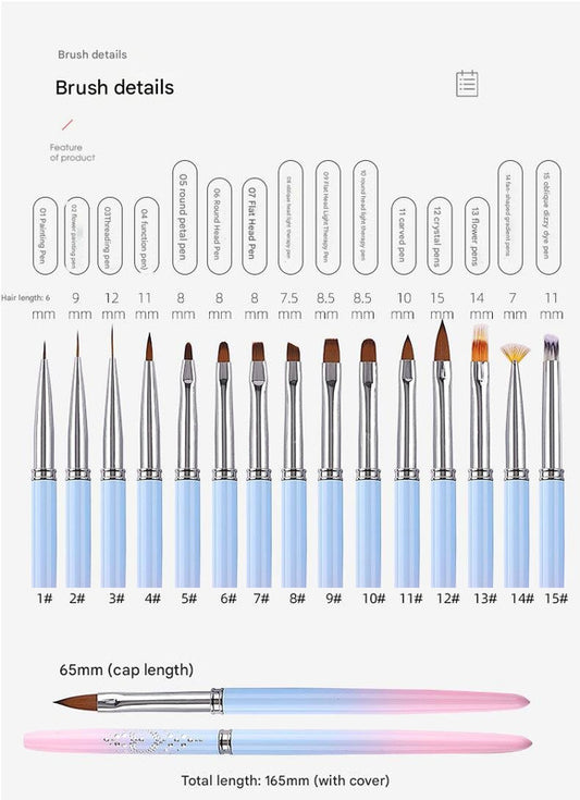 Professional Nail Art Brush Kit (15pcs) - Gradient Handles Manicure Tools VXN Beauty