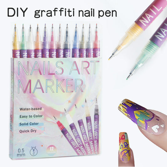 12 Piece Nail Art Graffiti Pen Set Acrylic Fine Tip Paint Markers for DIY Manicure & Salon Designs Waterproof Quick Dry VXN Beauty