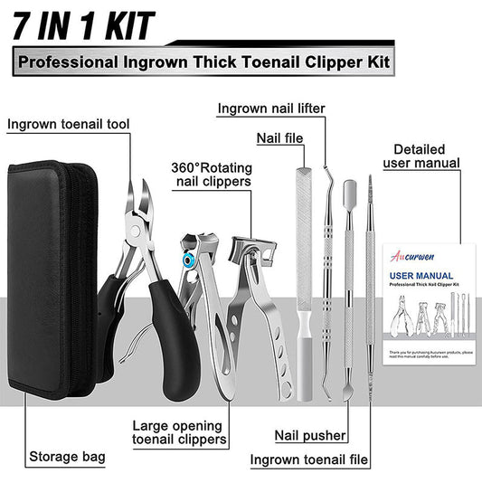 7-Piece Professional Ingrown Toenail Tool Kit - Stainless Steel Precision Pedicure Set with Red Eagle-Nose Clippers & Leather Storage Case VXN Beauty