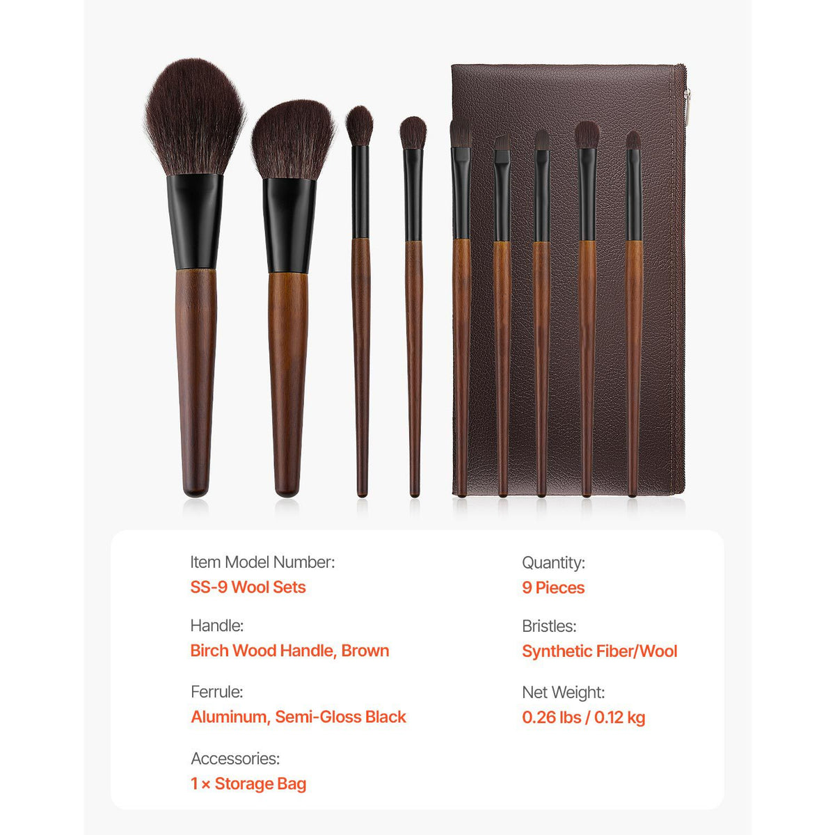 9-Piece Makeup Brush Set for Foundation Blending Eyeshadow, Professional Makeup Brush Kit with Soft Natural Wool & Vegan Synthetic Bristles, Ergonomic Wood Handle, Travel-Friendly Storage Bag VXN Beauty
