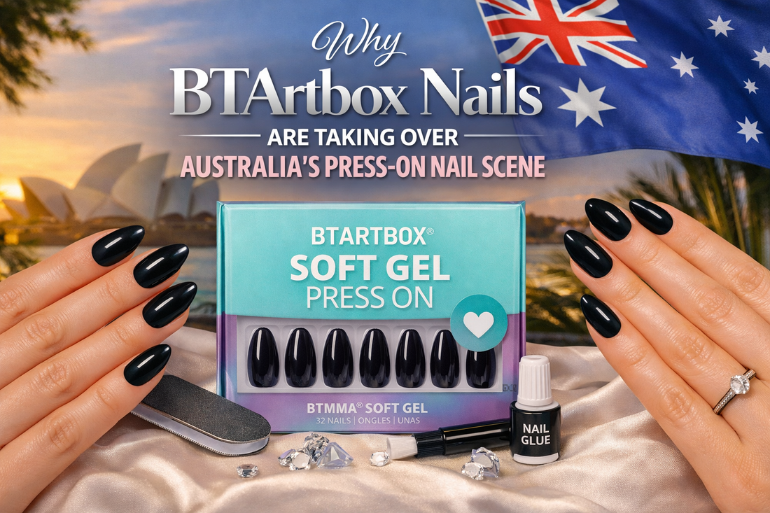 BTArtbox soft-gel press-on nails in glossy black with Australian backdrop and product packaging.