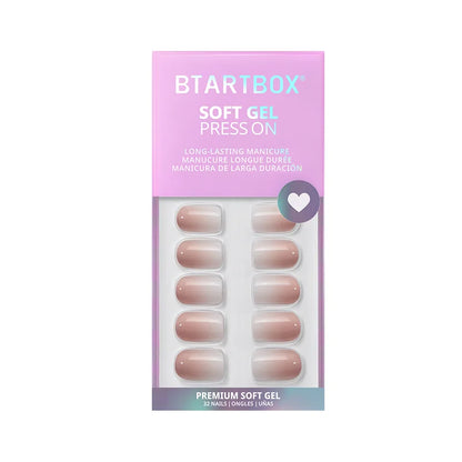 Packaging of BTARTBOX soft gel press-on nails with a purple background