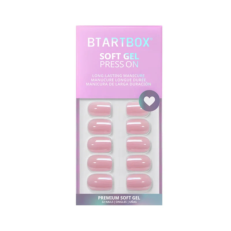 Packaging of BTARTBOX soft gel press-on nails with pink nails and purple box.