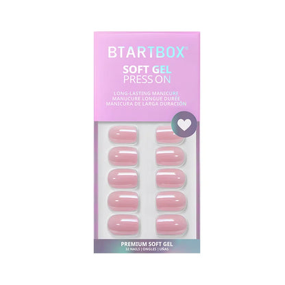 Packaging of BTARTBOX soft gel press-on nails with pink nails and purple box.