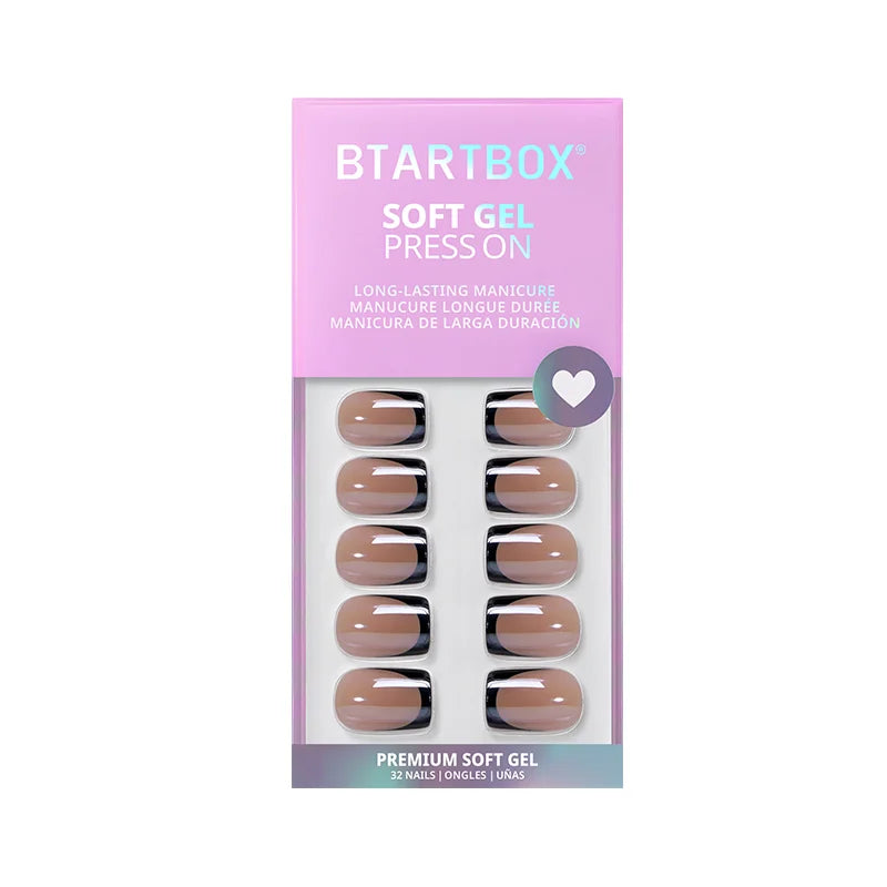 Packaging of BTARTBOX soft gel press-on nails with a purple background
