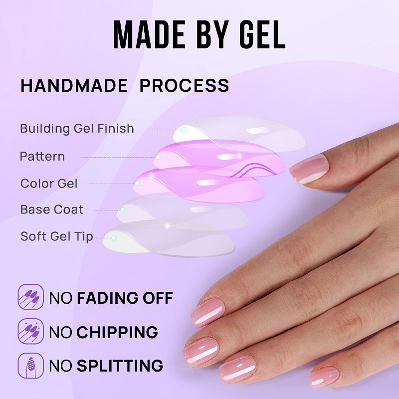 Nail gel application process with a hand displaying nails painted with a pink gel on a light purple background.