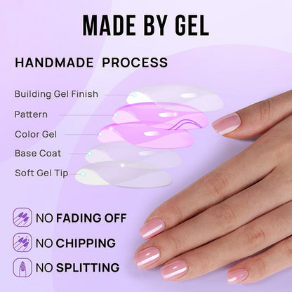 Nail gel application process with a hand displaying nails painted with a pink gel on a light purple background.