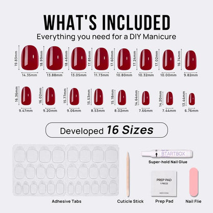 Diagram of nail polish colors with measurements and a set of nail care tools on a white background.