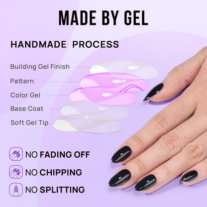 Handmade gel nail process with a hand displaying black nails on a purple background, featuring 'Made by Gel' branding.