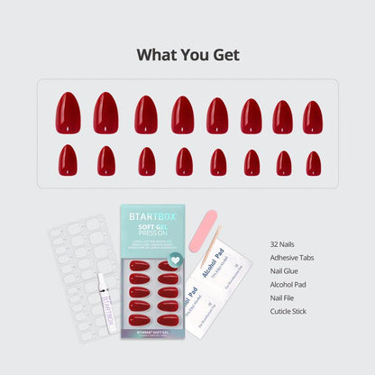 Set of red press-on nails with accessories on a white background