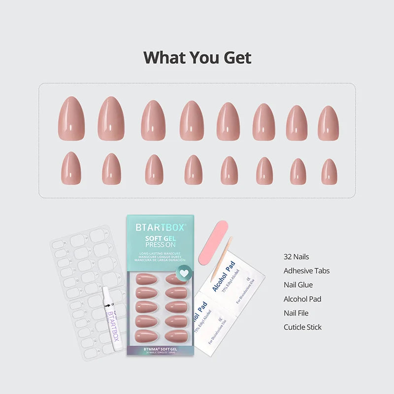 Set of press-on nails with packaging and accessories on a light gray background