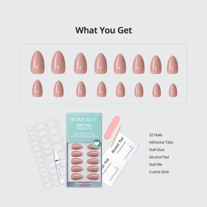Set of press-on nails with packaging and accessories on a light gray background