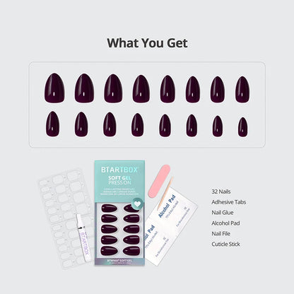 Set of dark purple press-on nails with packaging and tools on a light gray background