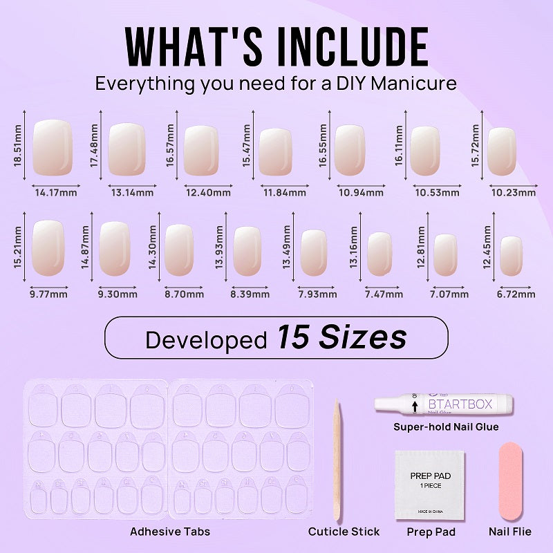 Collection of nail art items including nail shapes, glue, and tools on a purple background.