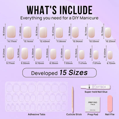 Collection of nail art items including nail shapes, glue, and tools on a purple background.
