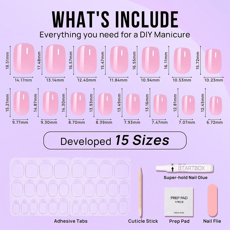 Diagram of a DIY manicure kit with nail shapes, tools, and materials on a light purple background.