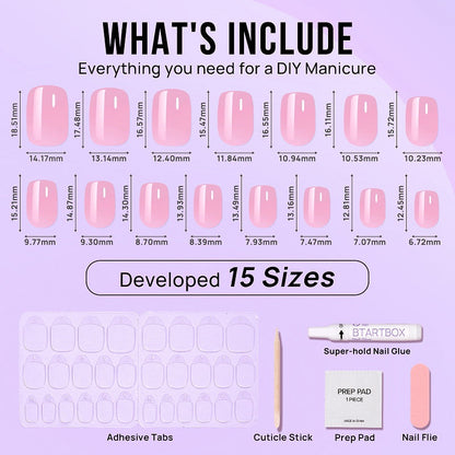Diagram of a DIY manicure kit with nail shapes, tools, and materials on a light purple background.