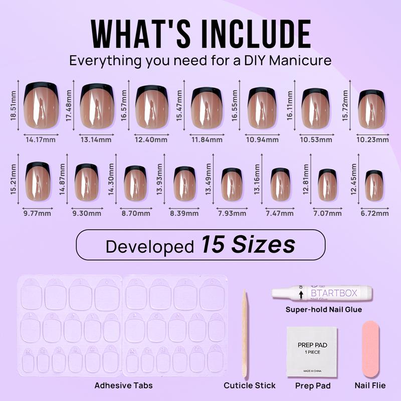 Diagram of a DIY manicure kit with nail sizes and included items on a light purple background.