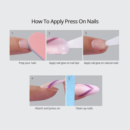 Step-by-step guide on how to apply press-on nails with labeled steps.