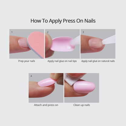 Step-by-step guide on how to apply press-on nails with close-up images of hands performing each step.