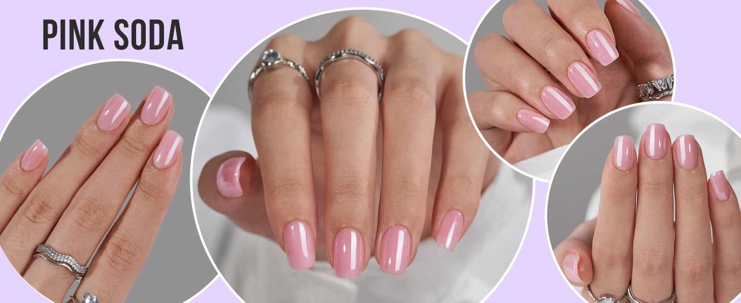 Collage of hands with pink nail polish and silver rings on a light purple background.