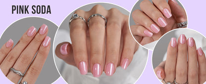 Collage of hands with pink nail polish and silver rings on a light purple background.