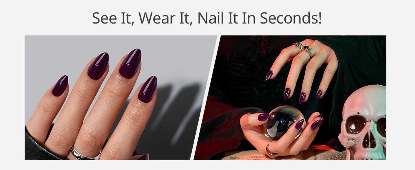 Nail polish advertisement with dark purple nails and a skull in the background.