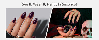 Nail polish advertisement with dark purple nails and a skull in the background.