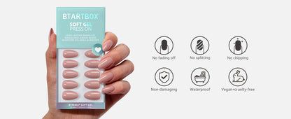 Hand holding a package of soft gel inserts with icons indicating product features on a white background