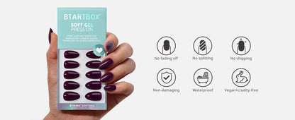 Hand holding a package of soft gel inserts with icons and text on a white background