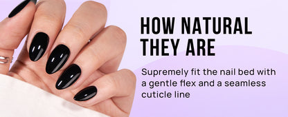 Hand with black nail polish on a light purple background with text about nail fit and cuticle line.