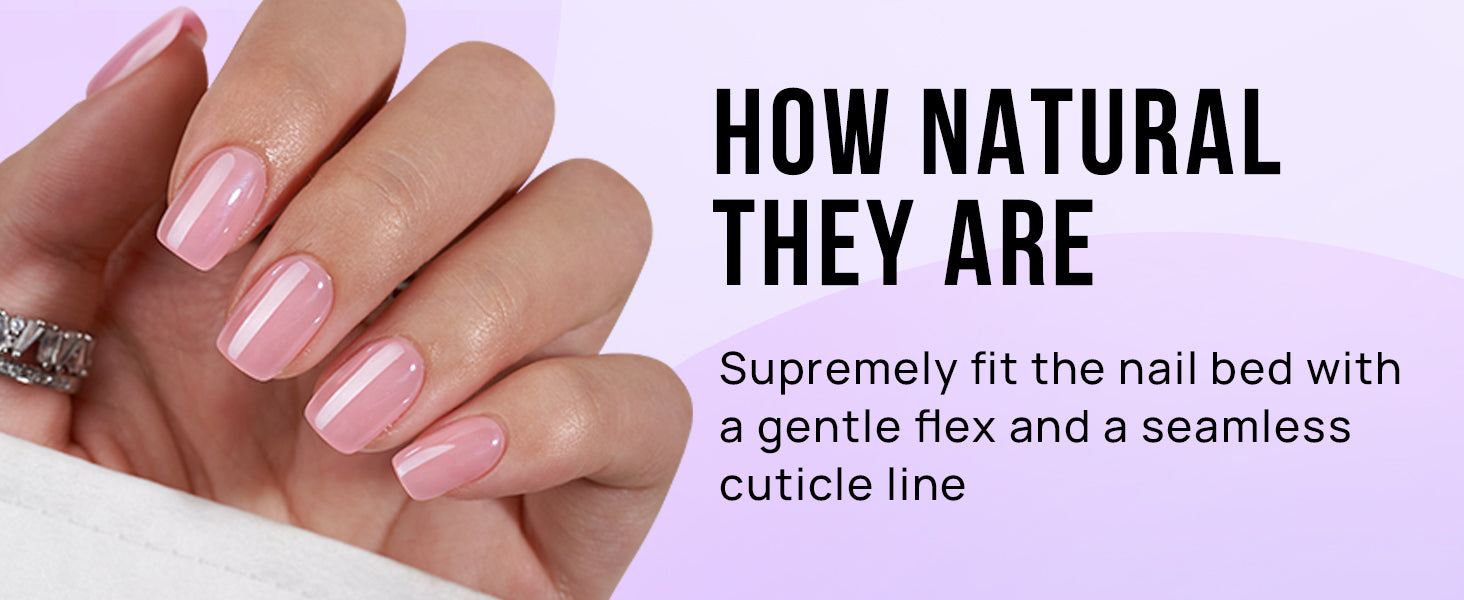 Hand with pink nails and text on a light purple background