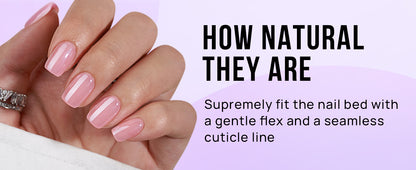 Hand with pink nails and text on a light purple background