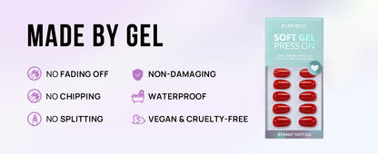 Promotional graphic for 'Made by Gel' with product packaging and feature list on a light purple background.