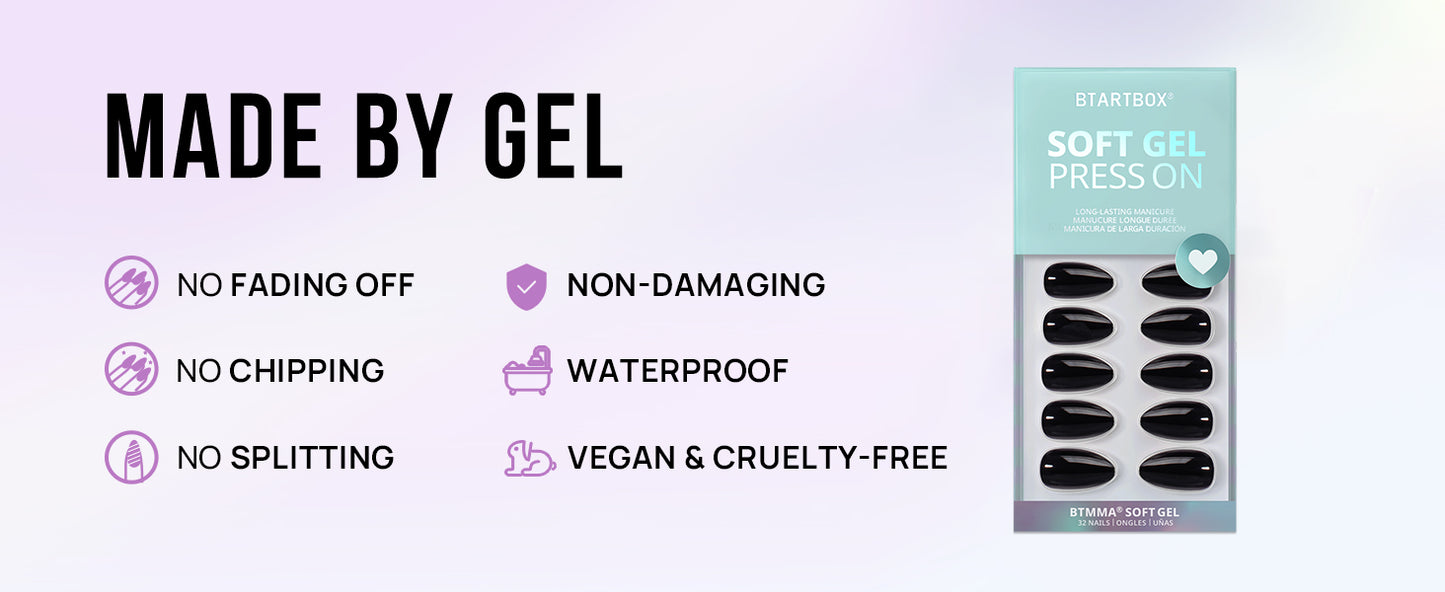 Promotional banner for 'Made by Gel' soft gel press-ons with features listed on a light purple background.