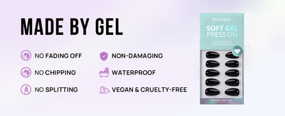 Promotional banner for 'Made by Gel' soft gel press-ons with features listed on a light purple background.