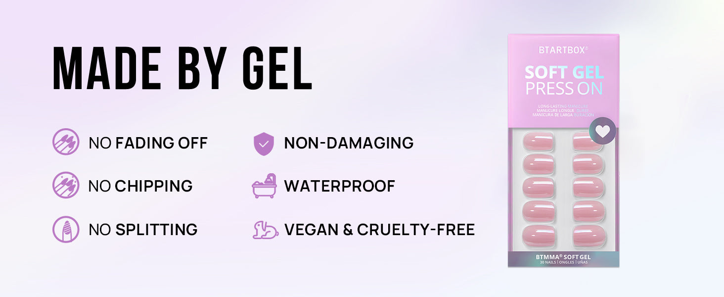 Promotional graphic for 'Made by Gel' nail product packaging with features listed on a light purple background.