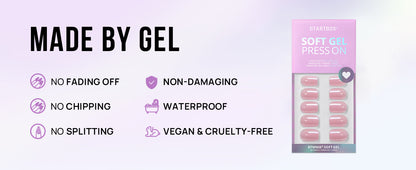Promotional graphic for 'Made by Gel' nail product packaging with features listed on a light purple background.