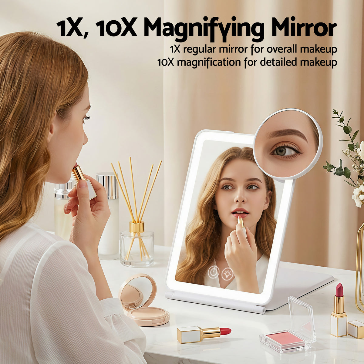 Embellir Portable Travel Makeup Mirror Rechargeable Makeup Mirror with Lights 10x Magnifier White VXN Beauty