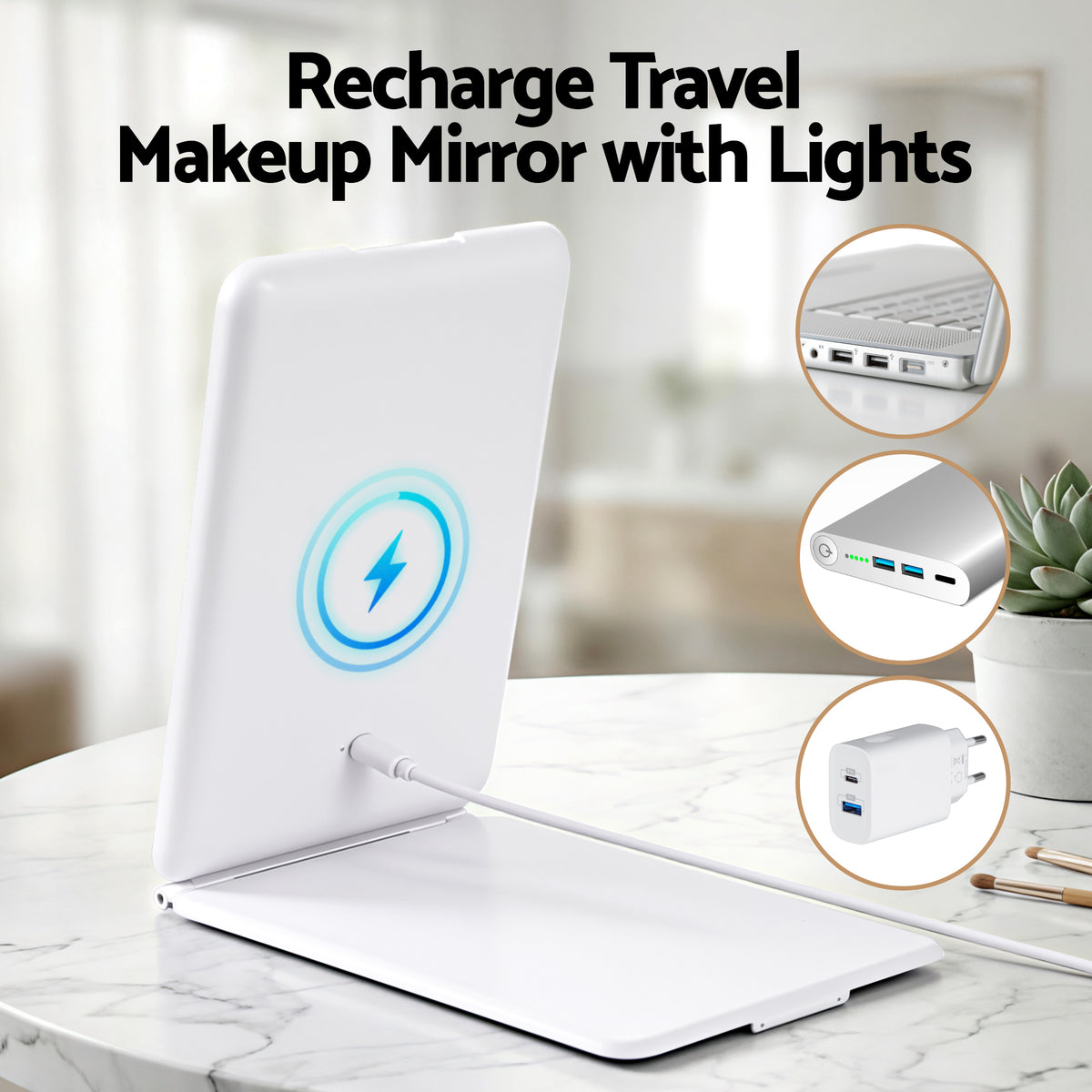 Embellir Portable Travel Makeup Mirror Rechargeable Makeup Mirror with Lights 10x Magnifier White VXN Beauty