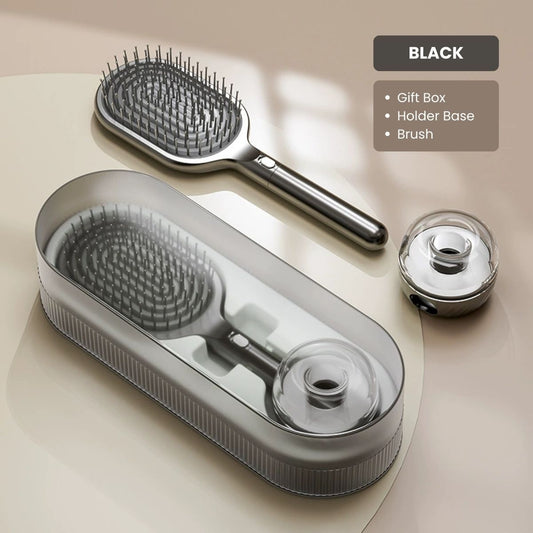 Air Cushion Massage Hair Brush Set with Wall Mount Holder Base - Black VXN Beauty