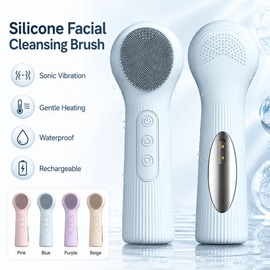 Silicone Facial Cleansing Brush Sonic Vibration Heating Waterproof Rechargeable-BLUE VXN Beauty
