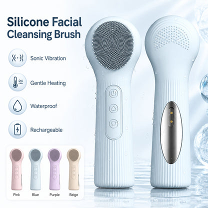 Silicone Facial Cleansing Brush Sonic Vibration Heating Waterproof Rechargeable-PINK VXN Beauty