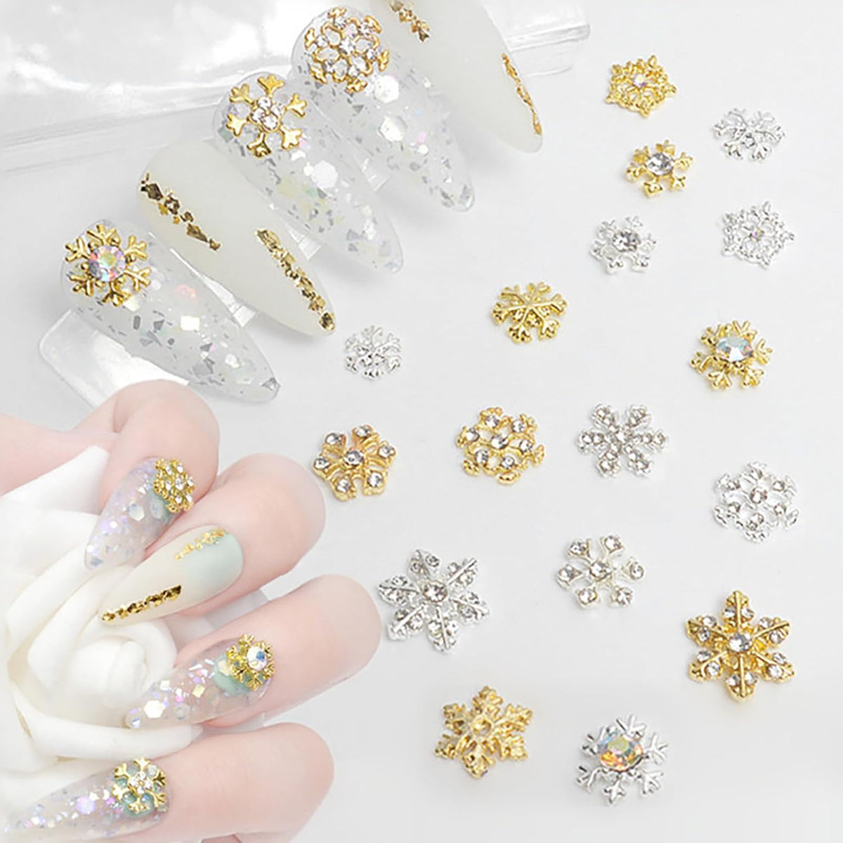 20pcs Snowflake Nail Charms with Rhinestones Silver Gold Christmas Decorations Alloy Nail Jewelry Snowflake Nails Design 3D Charms for Nails Decor DIY Craft Home&Salon VXN Beauty